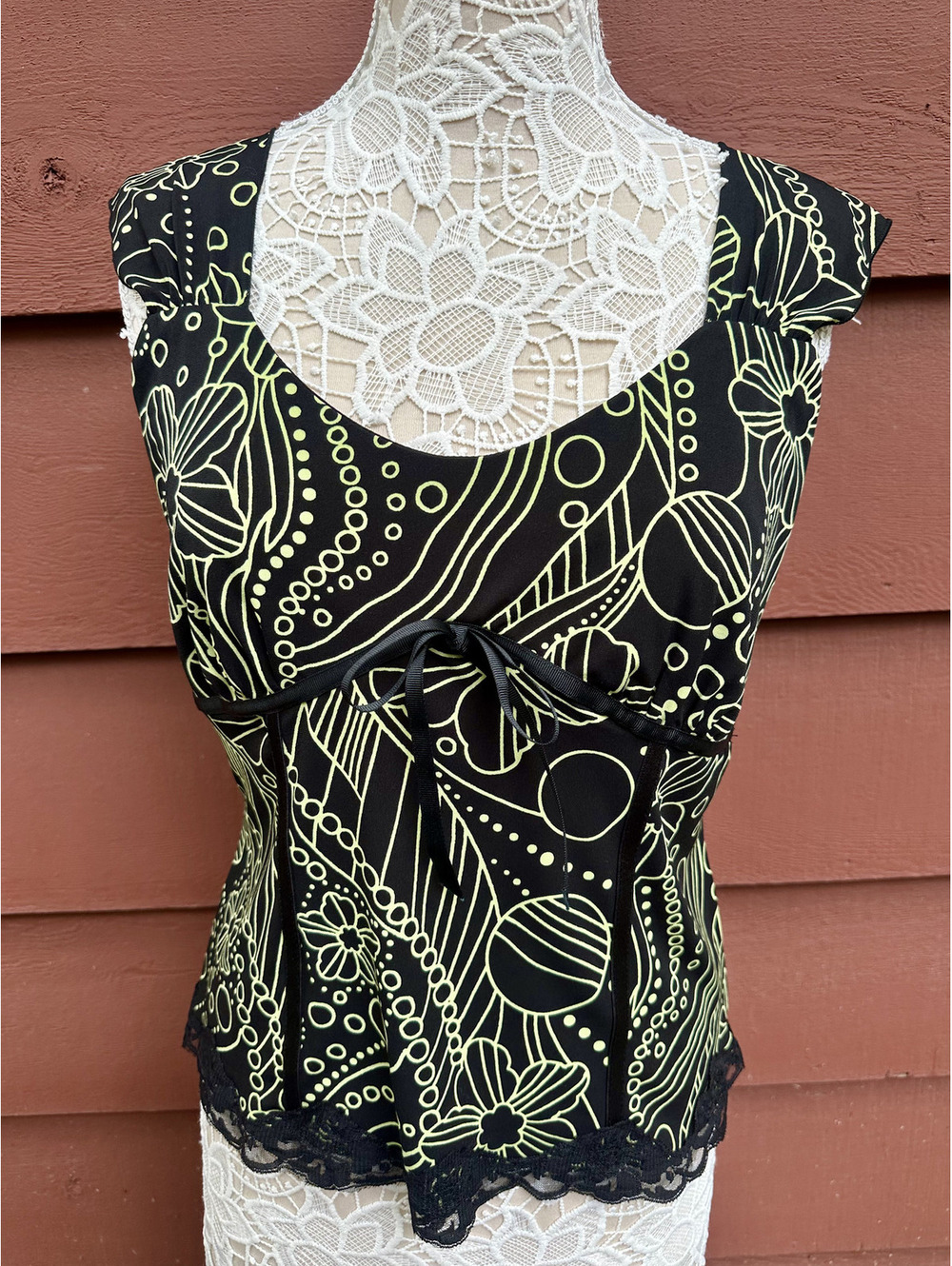 Fashion Bug Y2K Corset Style Tank Top Black Neon‎ Green Floral Whimsigoth Fairy